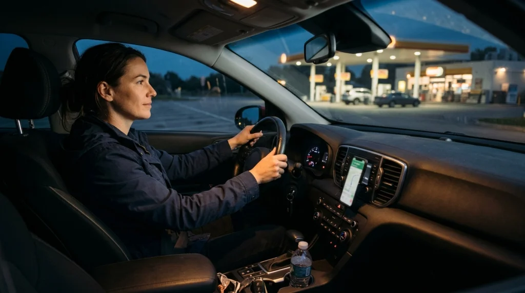 Solo female traveler preparing to leave an uncomfortable parking area for a better-lit location.