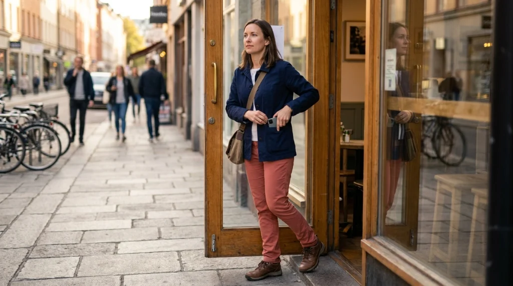 Solo woman checks her route indoors before walking confidently through an unfamiliar city