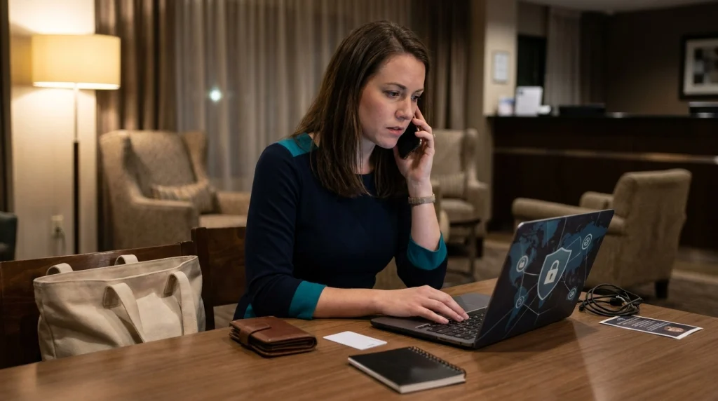 Solo female traveler securing accounts after losing her phone abroad