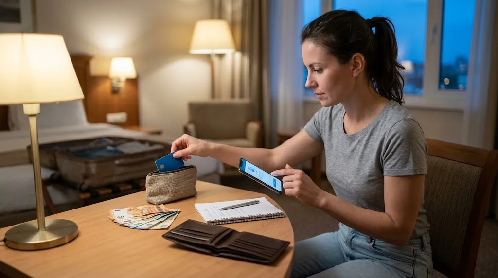 Solo woman blocking a lost card and switching to backup money in her hotel room