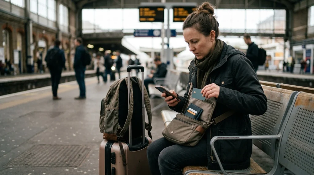 Solo woman freezing a lost bank card on her phone and using a separately stored backup card while abroad.