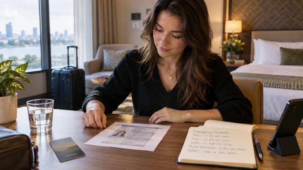 Traveler preparing passport replacement paperwork and consular contact information