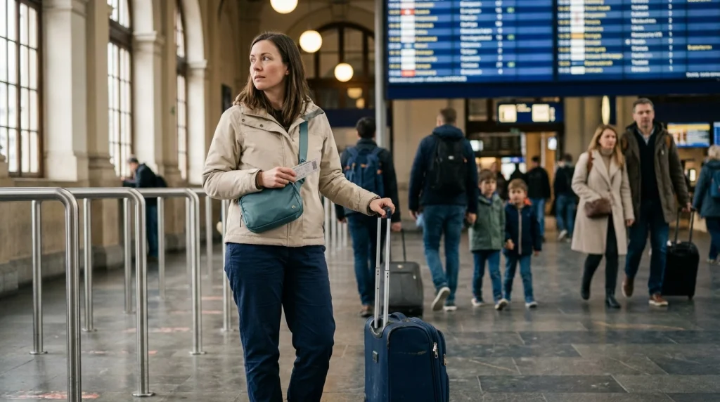 Solo woman protecting her luggage and valuables while navigating a crowded railway station.