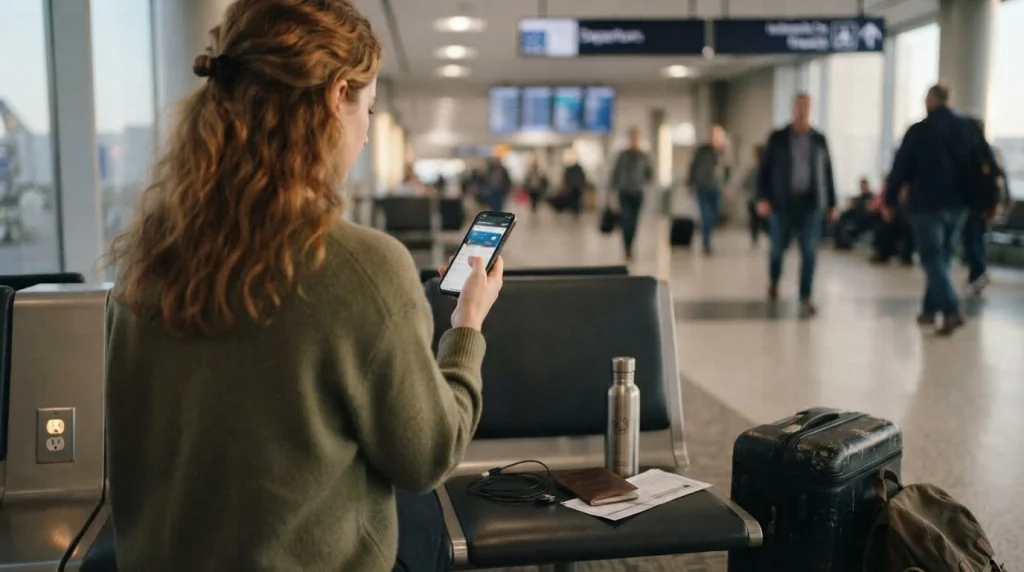 Solo female traveler checking her next flight gate and itinerary during an airport connection
