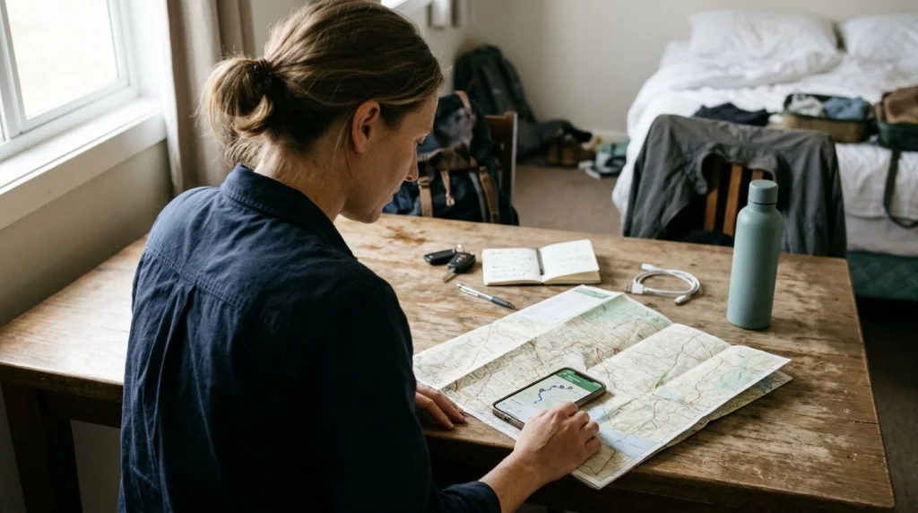 Solo female traveler checking a route map and fuel station locations before driving.