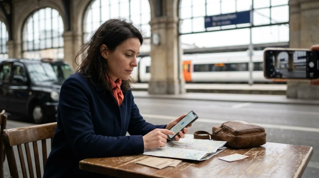 Solo traveler using offline maps, translation, and transport tools at a railway station.
