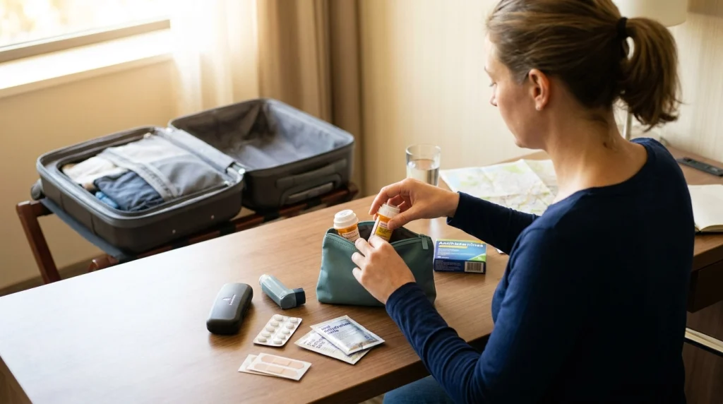Solo female traveler packing prescription and OTC medications into a compact travel health kit