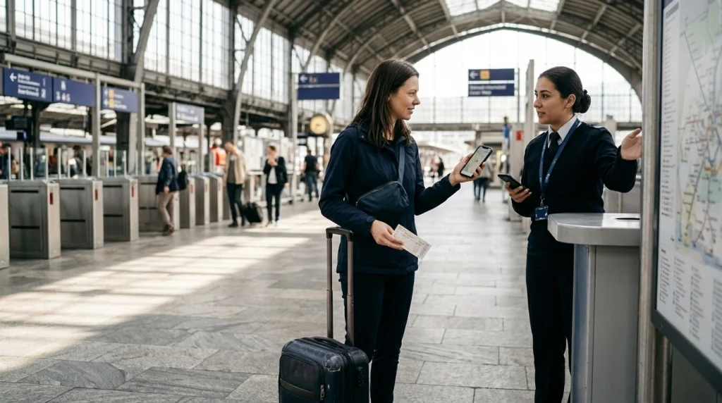 Solo woman traveler asking a uniformed station employee for directions after missing a train stop.