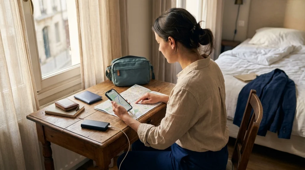 Woman checking maps, phone battery, wallet, and travel essentials before solo sightseeing.