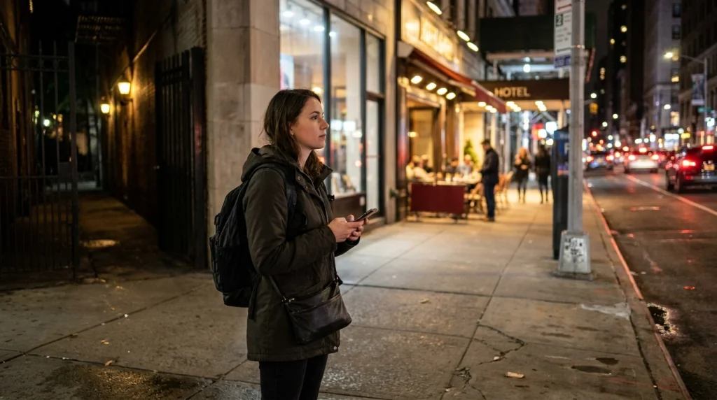 Solo female traveler compares a busy lit street with an isolated nighttime route