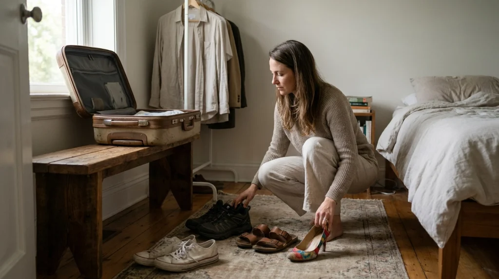 Solo traveler comparing walking shoes, trail shoes, and sandals before packing