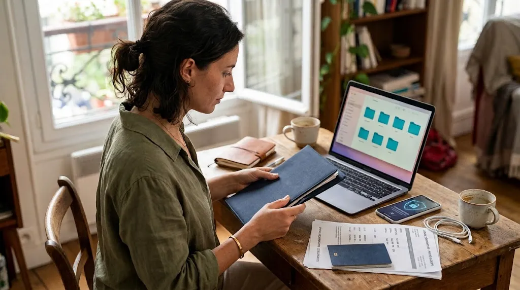 Solo woman organizing paper and digital travel document copies at a desk before departure.