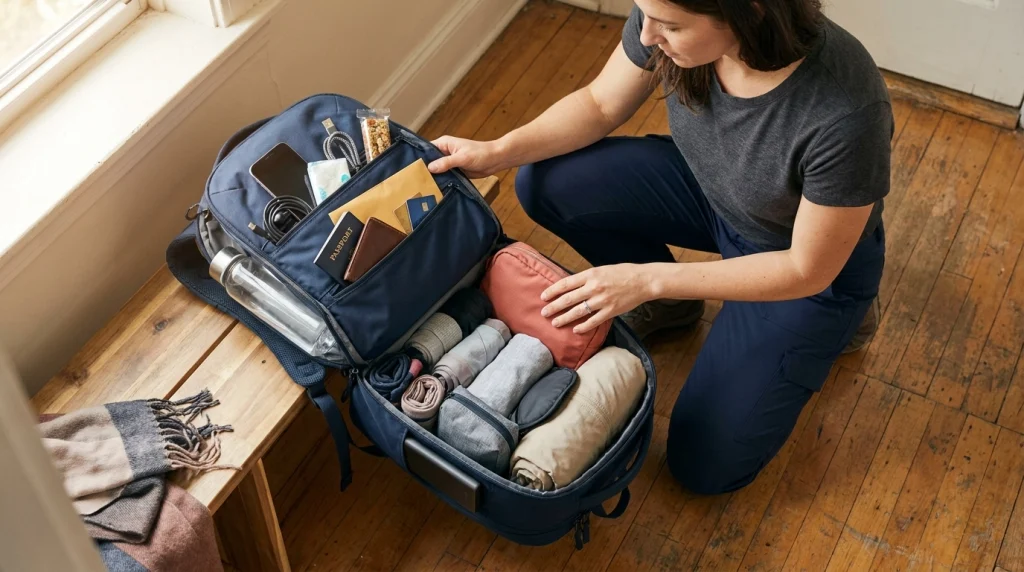 Solo female traveler organizing a personal item into quick-access, secure and backup zones