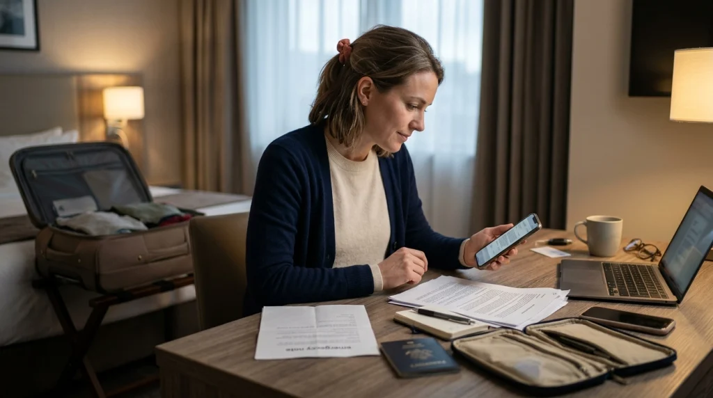 Woman organizing travel insurance information using phone, printed emergency card, passport, and policy documents.