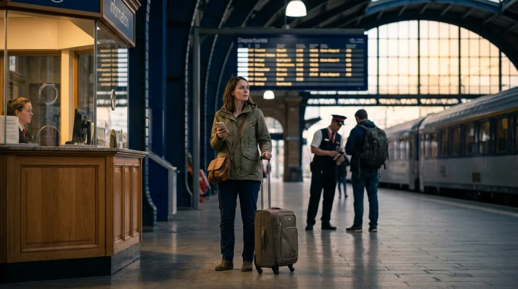 Solo female traveler checking train details at a staffed railway station before an overnight journey.