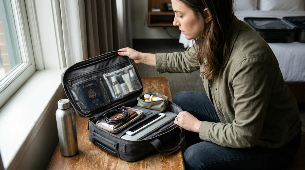 Solo female traveler organizing liquids, electronics, medication, documents, and valuables in a carry-on.