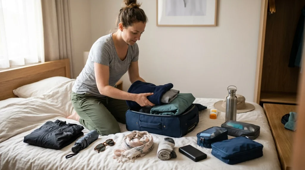 Solo woman packing base, mid, and waterproof layers for changing weather during a trip