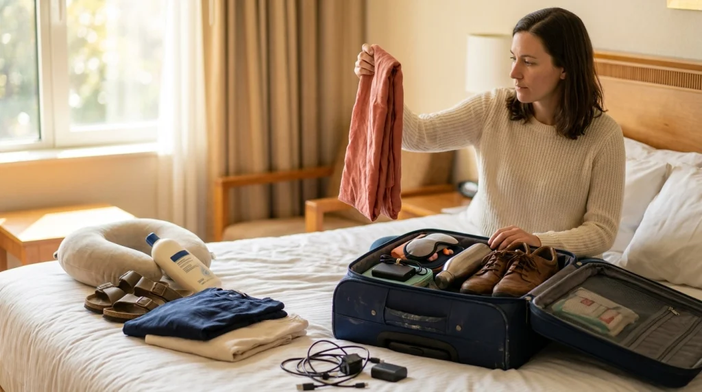 Solo woman choosing useful comfort items while removing unnecessary gear from an open carry-on