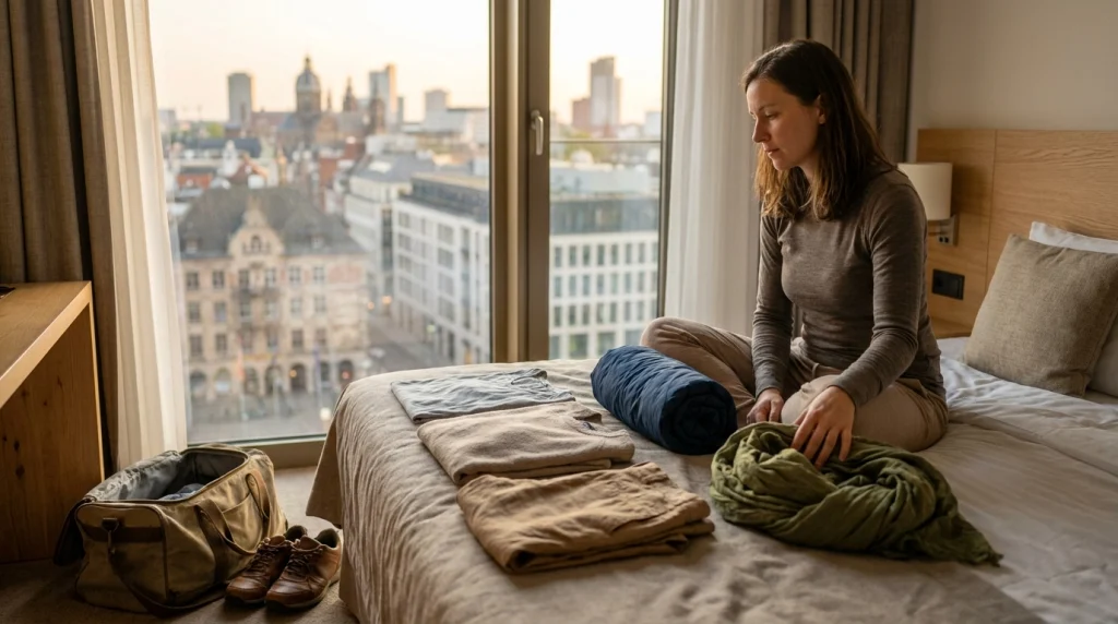 Solo female traveler packing layers, rain shell, warm layer, and scarf for mixed climates