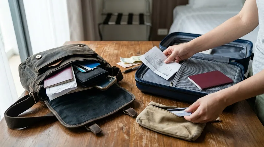 Traveler separates passport copies, bank cards, phone, and documents into safer locations.