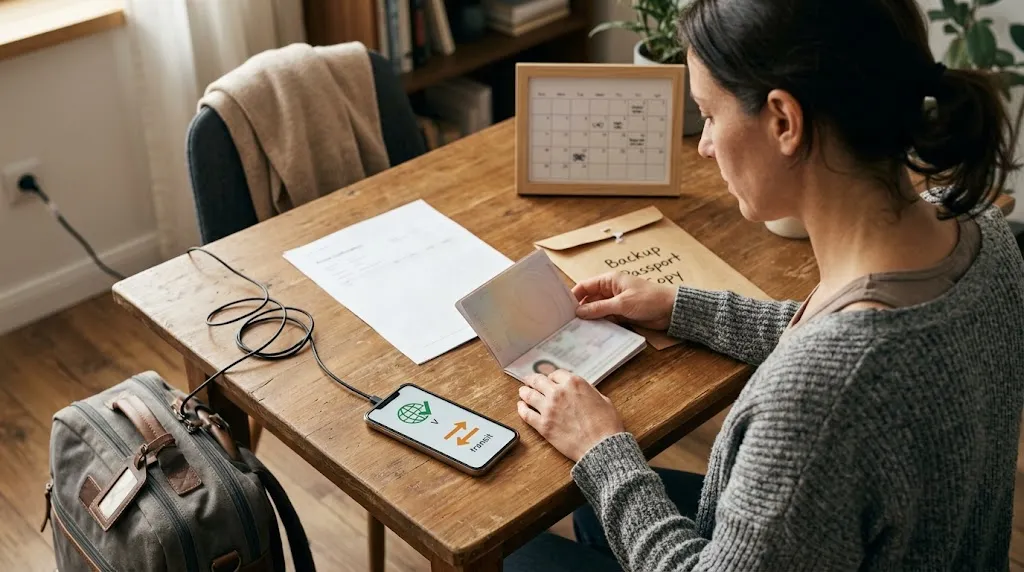 Woman checking passport, visa requirements, transit rules, and onward travel before an international trip.