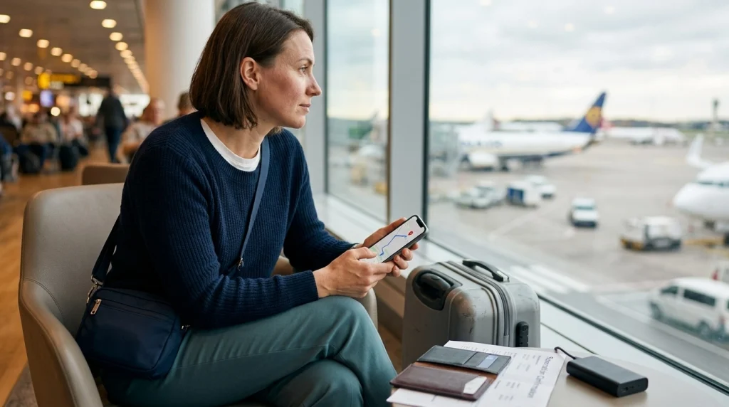 Solo female traveler checks her hotel reservation and offline airport route on her phone before departure.