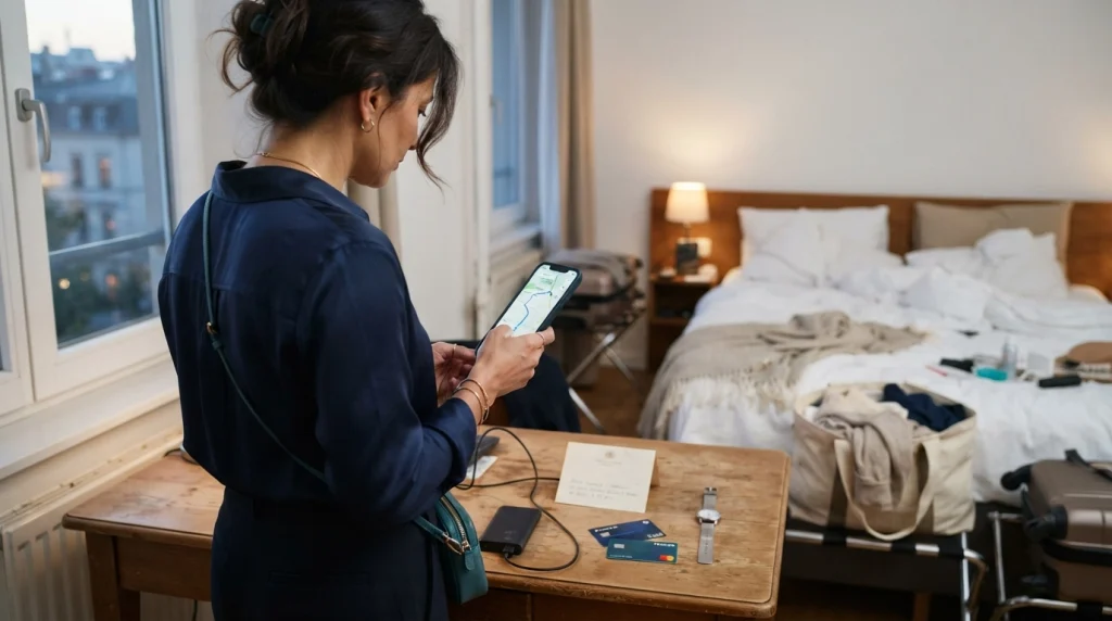 Solo woman checks return route, phone battery, payment backups, and accommodation details before going out.