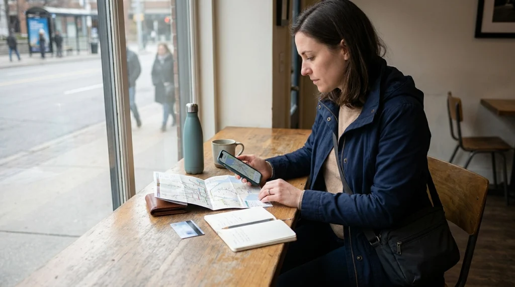 Solo female traveler checking a transit map and phone before using public transportation alone.
