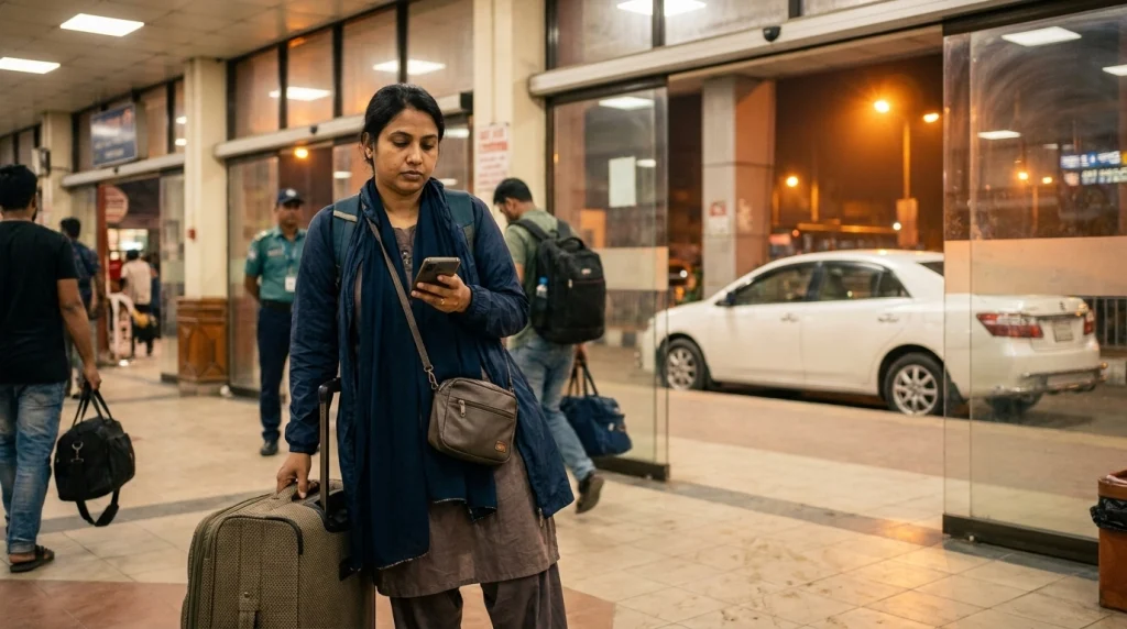 Solo South Asian woman verifying her onward ride at a staffed bus terminal before dawn.