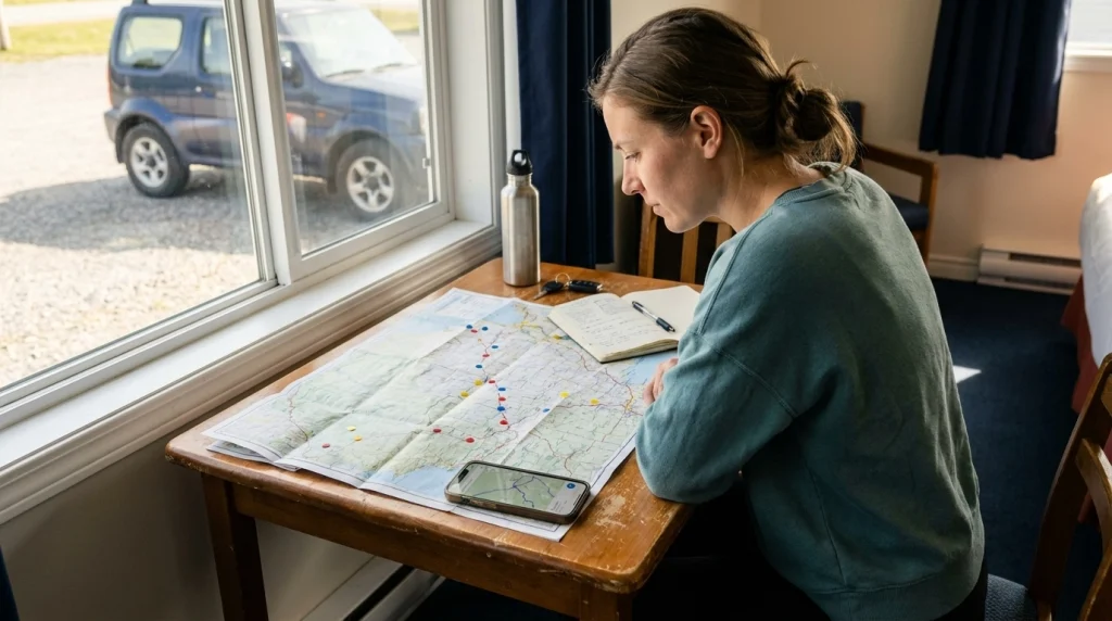 Woman planning a safe solo road trip with a paper map, smartphone, and overnight stops.