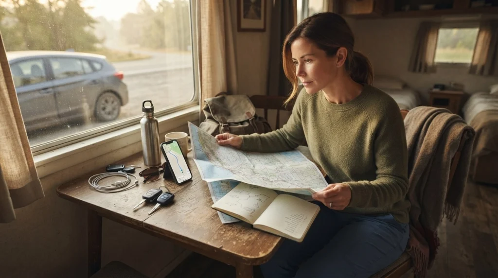 Woman planning a solo female road trip using a paper map, notebook, and phone navigation.