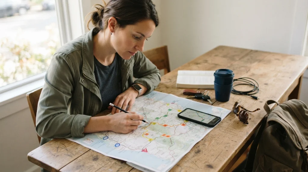 Solo woman planning a road trip route with map, phone, route markers, keys, and travel bag.