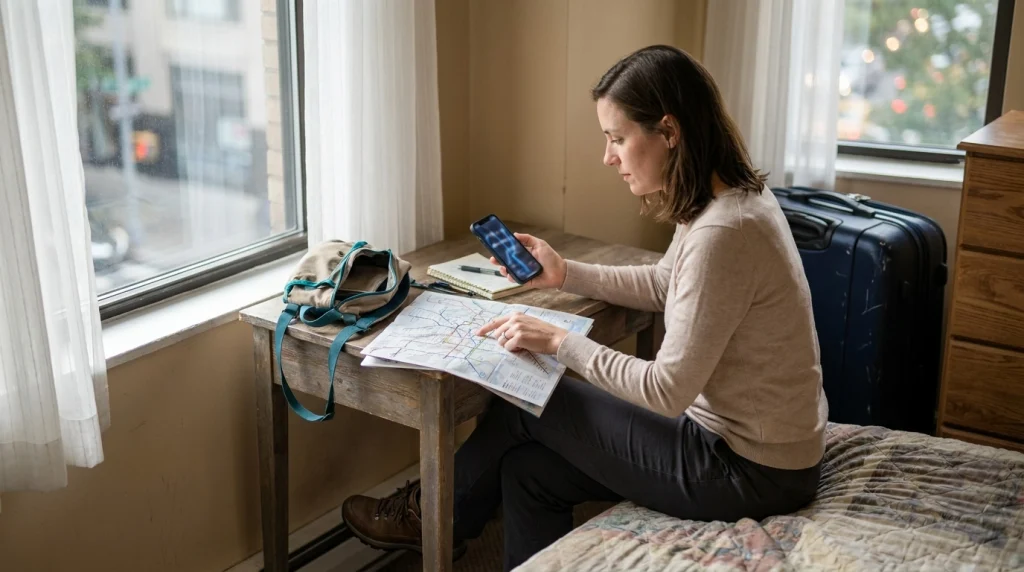 Solo female traveler studying a subway map and planning her route at a hotel desk.
