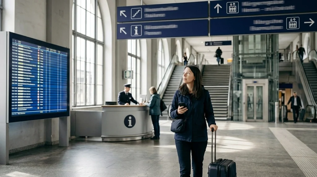 Solo female traveler checking station information during a train platform change.