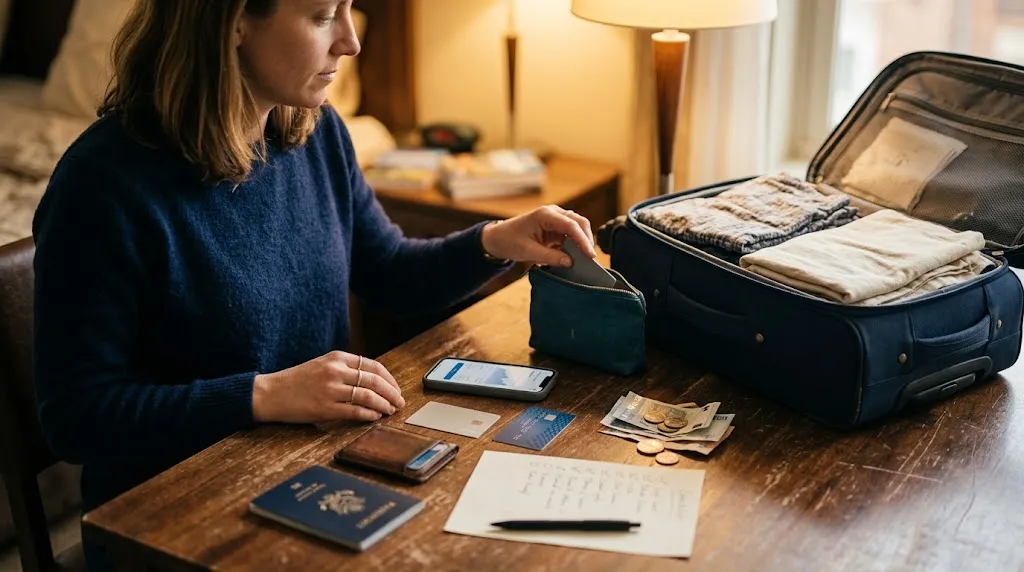 Solo woman checks three cards, banking app, cash, and backup storage before an international trip