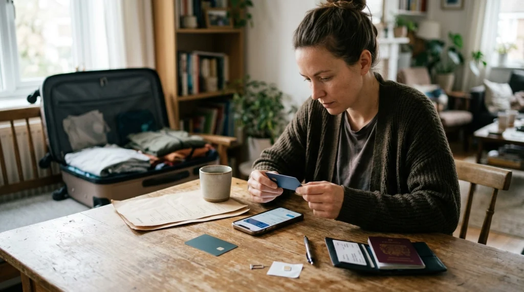 Woman checking bank cards, banking access, PIN readiness, and travel payment backups before an overseas trip.