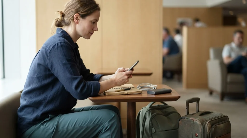 Solo female traveler reviewing Airbnb arrival details and preparing her phone before check-in.