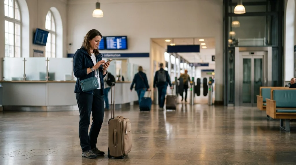 Solo female traveler checking her saved train ticket beside luggage in a railway station concourse.