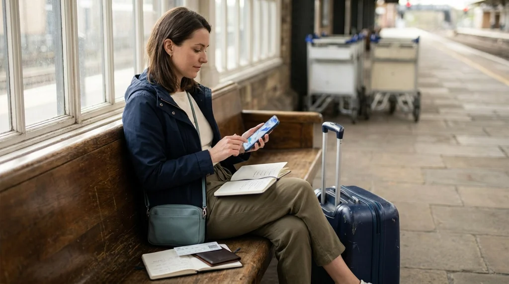 Solo female traveler checking her train route, ticket, and travel documents before changing trains.