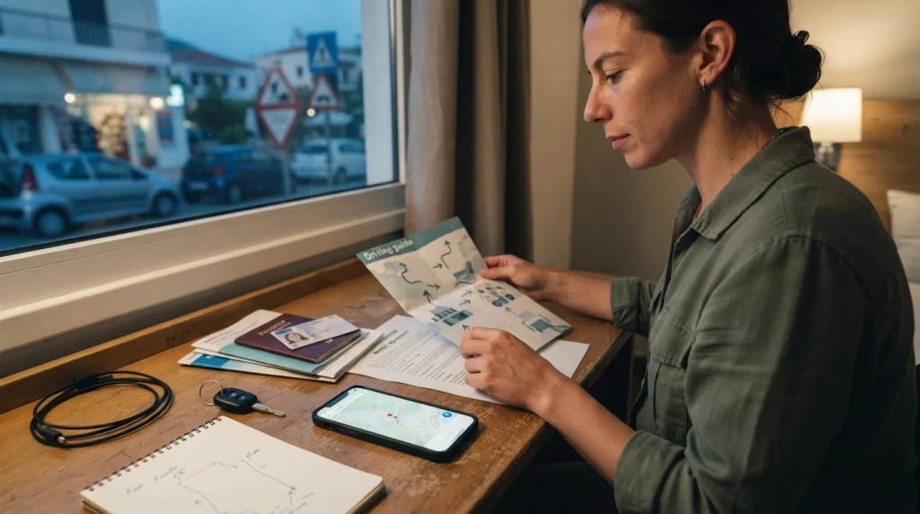 Solo female traveler checking driving documents, rental paperwork, and maps before driving abroad alone.