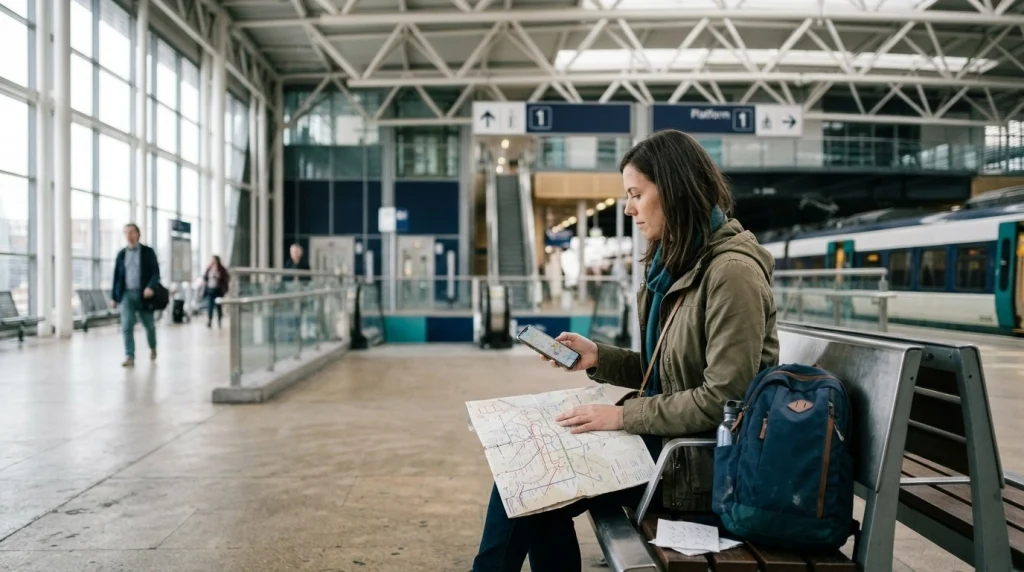 Solo female traveler checks a route map and phone before navigating an unfamiliar transit station.
