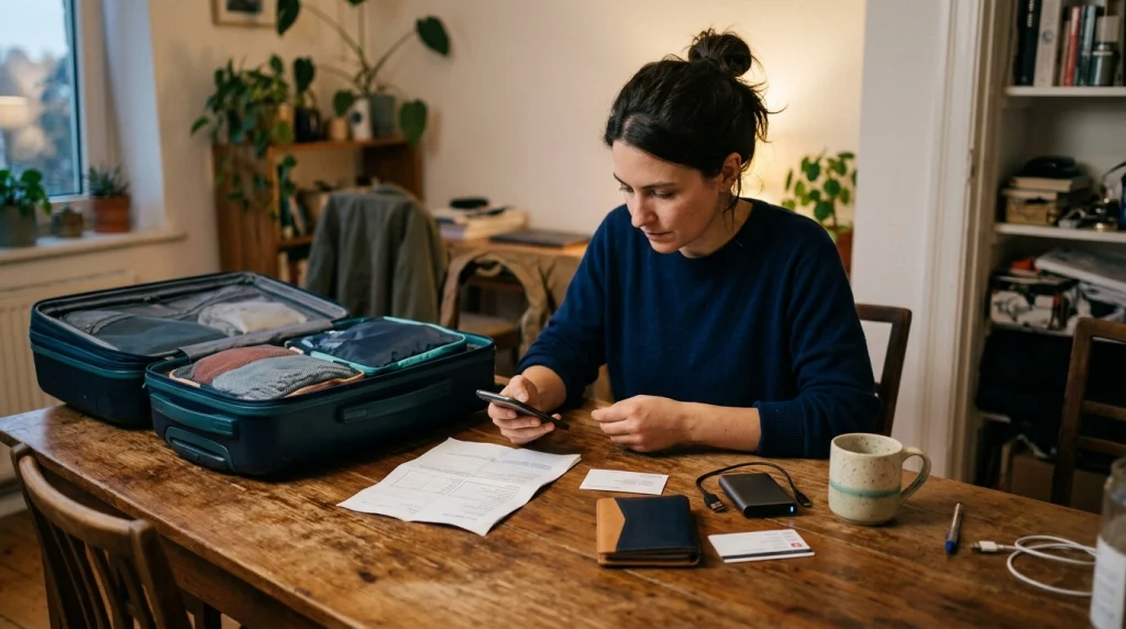 Solo female traveler preparing for a language barrier with offline details, emergency card, and travel documents