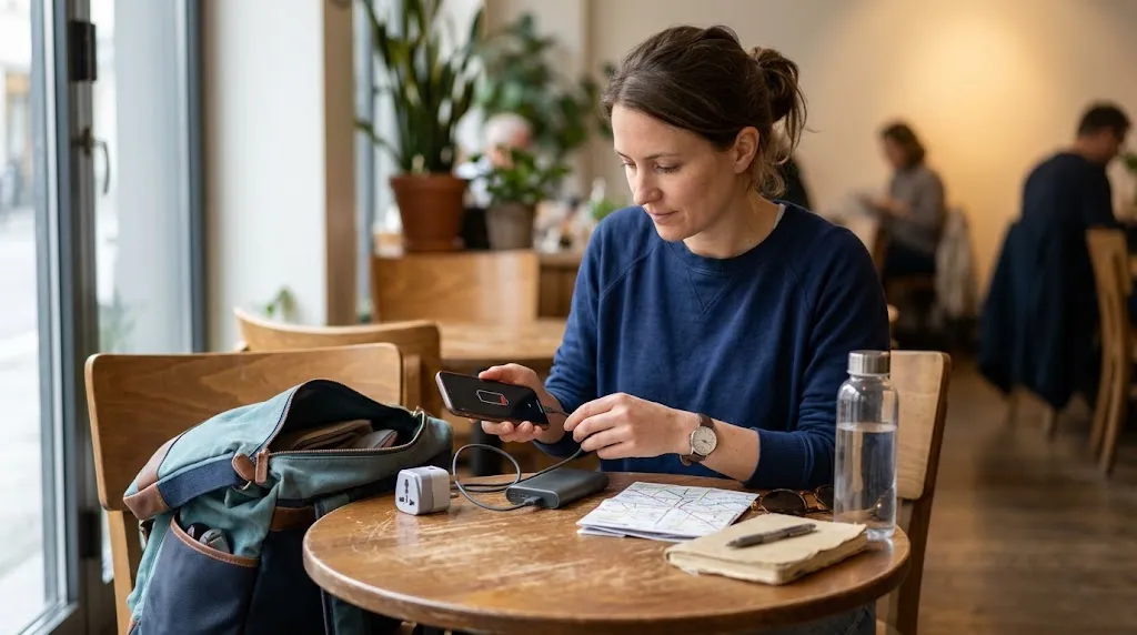 Solo female traveler charging her phone with a power bank and travel adapter