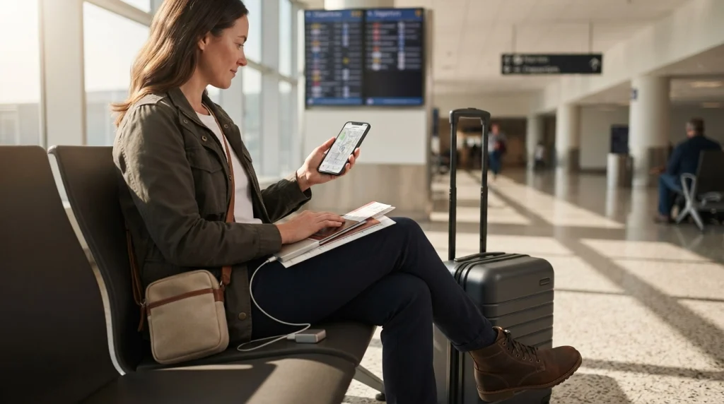 Solo female traveler reviewing an airport map and boarding pass beside her carry-on luggage.