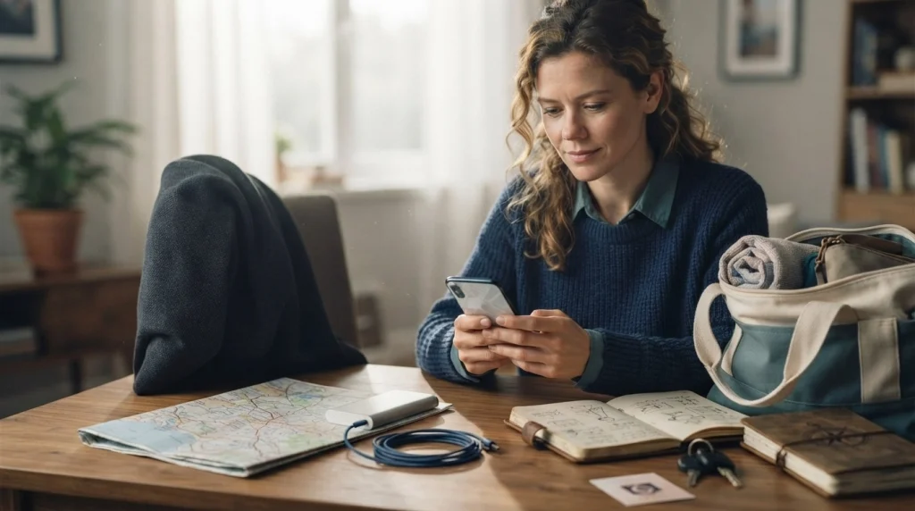 Woman preparing offline navigation, a power bank, paper map, and emergency contacts before a solo road trip.