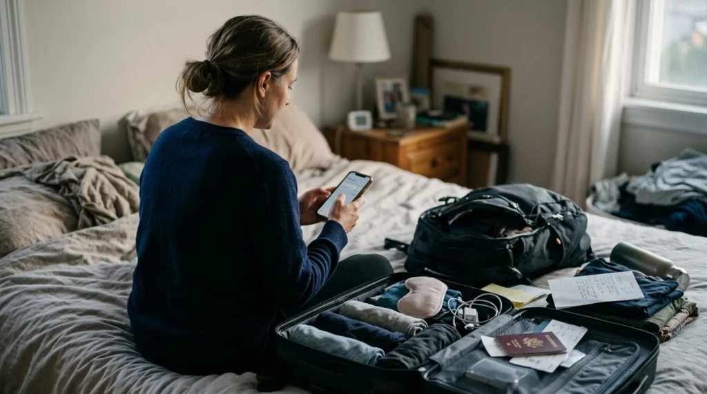 Solo female traveler preparing for jet lag by adjusting sleep and packing before a long-haul flight.