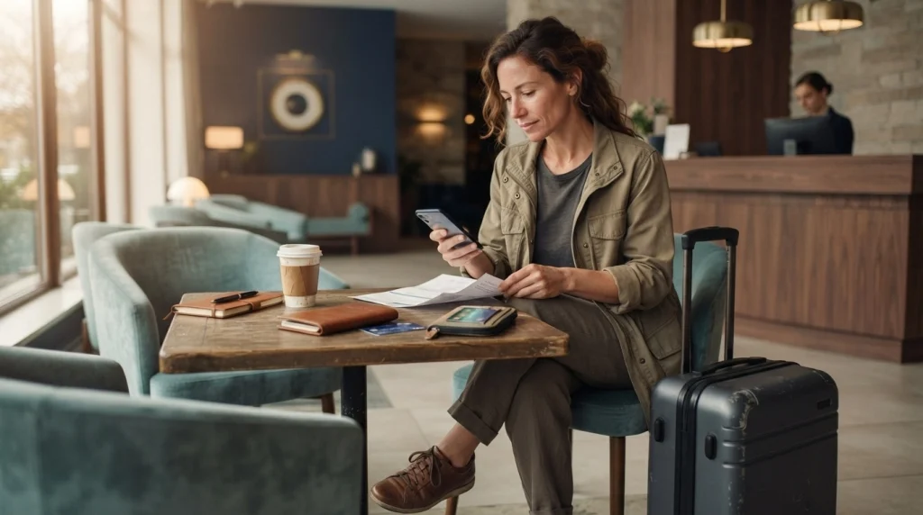 Solo female traveler organizing her passport holder, payment card, phone, and luggage before hotel check-in.