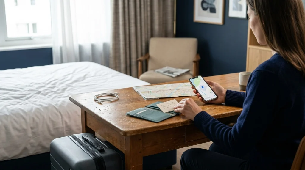 Solo female traveler checking a hotel map pin and printed address card at a hotel desk.