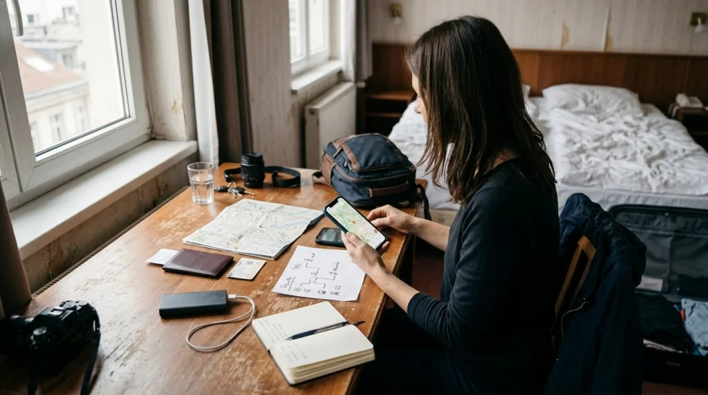 Solo woman traveler preparing offline maps, a smartphone, transit tickets, and travel essentials in a hotel room.