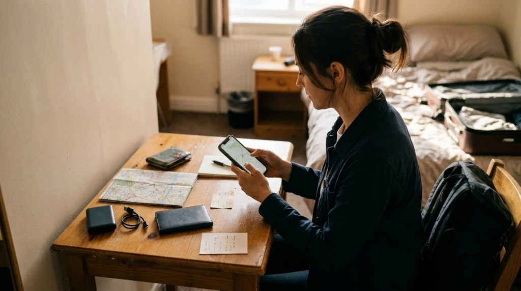 Solo female traveler prepares an offline map, power bank, travel documents, and backup route in her hotel room.